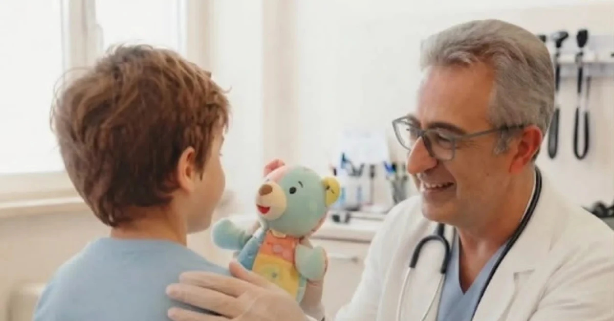 Pediatra visita un bambino in uno studio medico, illustrando il nuovo servizio pediatrico dell'Asp Trapani