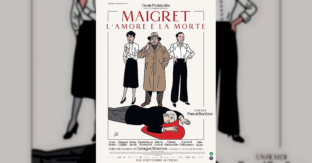 Il commissario Maigret indaga in un salotto aristocratico parigino, circondato da figure eleganti, con un'atmosfera misteriosa