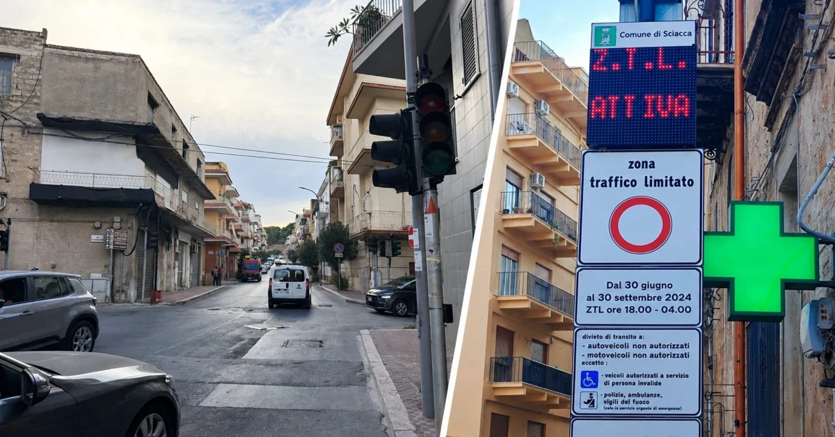 Incrocio stradale a Sciacca con semafori spenti e segnaletica della Ztl