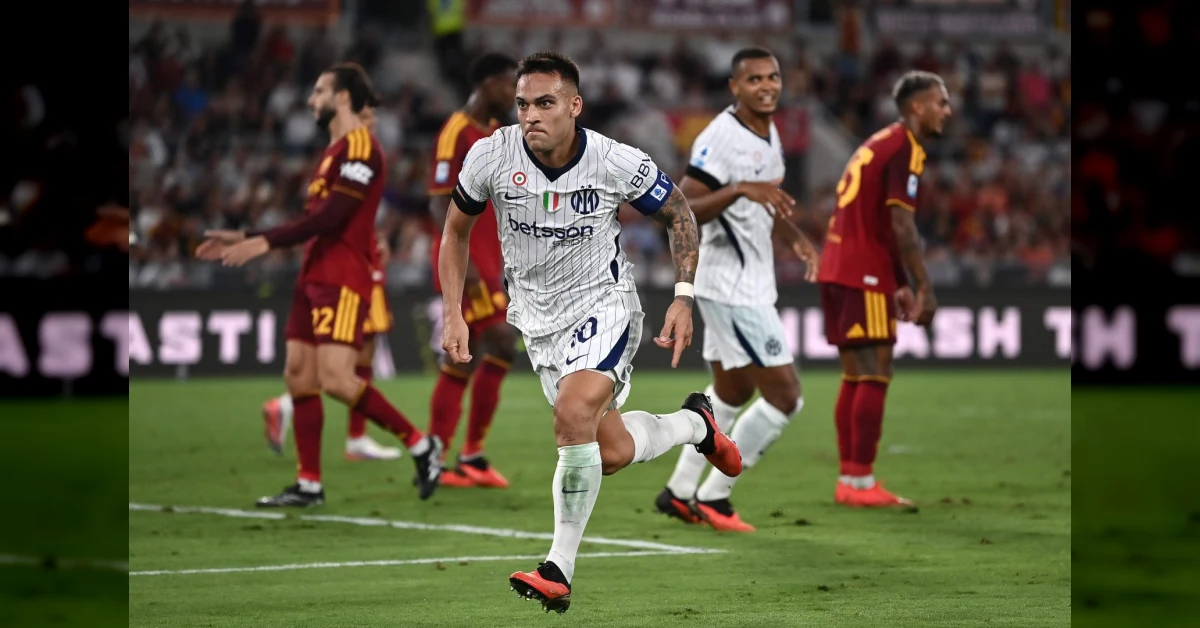 Lautaro Martinez esulta dopo il gol nella rimonta Inter contro la Roma all'Olimpico