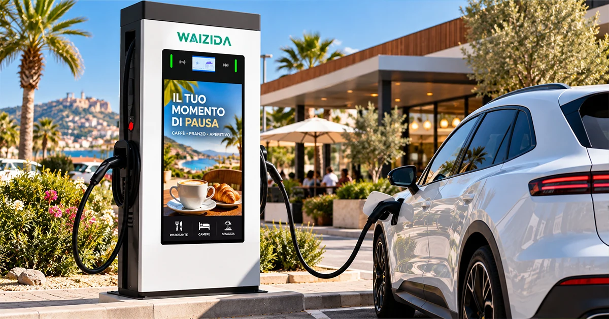 Colonnina di ricarica elettrica con display pubblicitario per aziende in Sicilia