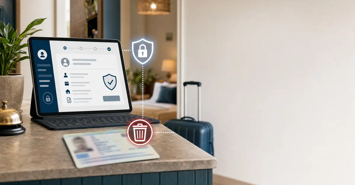 Reception digitale con documento d’identità oscurato e simboli di protezione privacy per affitti brevi e B&B