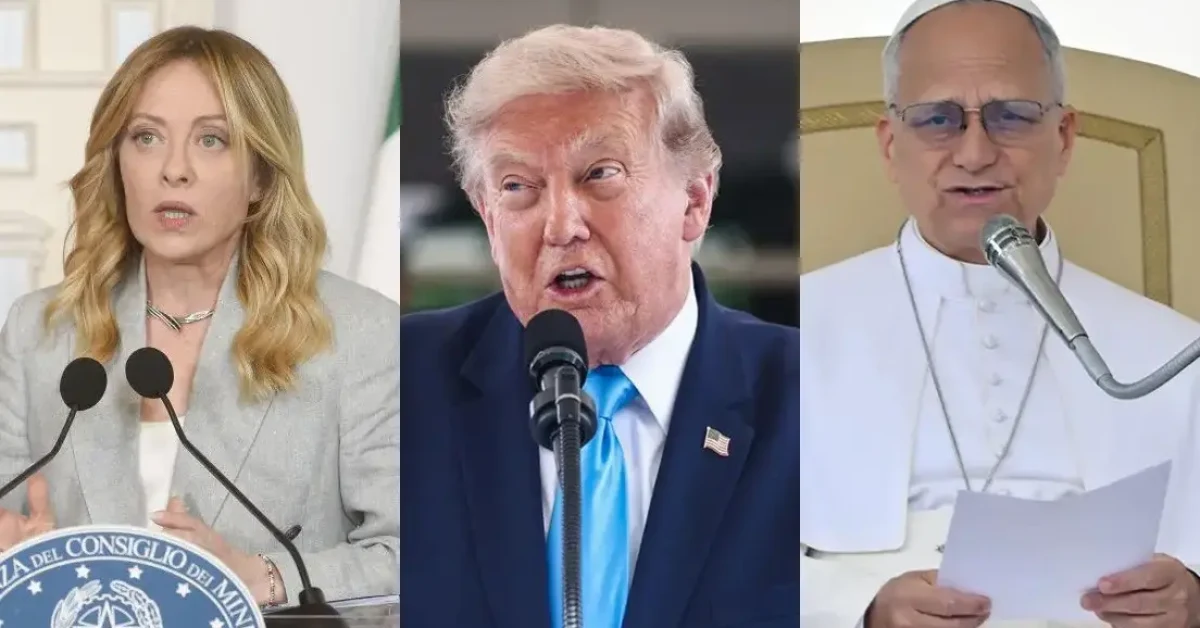 Meloni, Trump e Papa Leone XIV in un collage che illustra i personaggi più citati in radio e TV