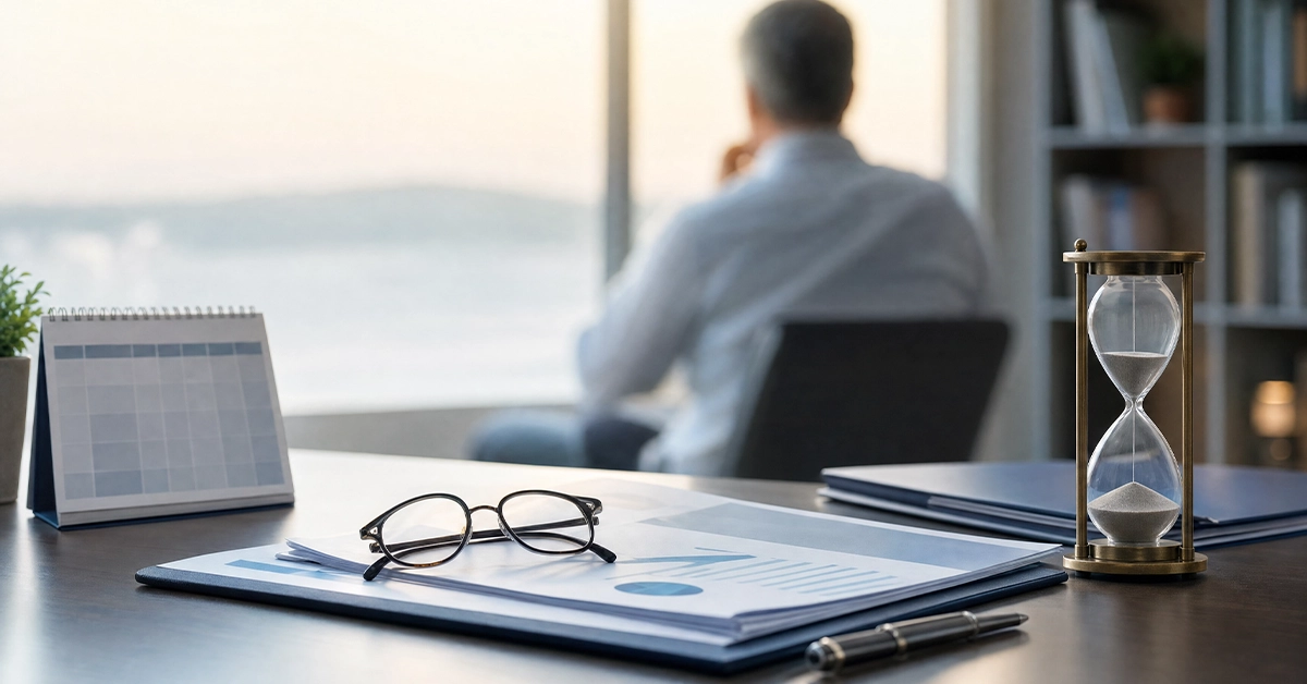Persona adulta consulta documenti previdenziali e calendario per valutare l’uscita anticipata dal lavoro con isopensione