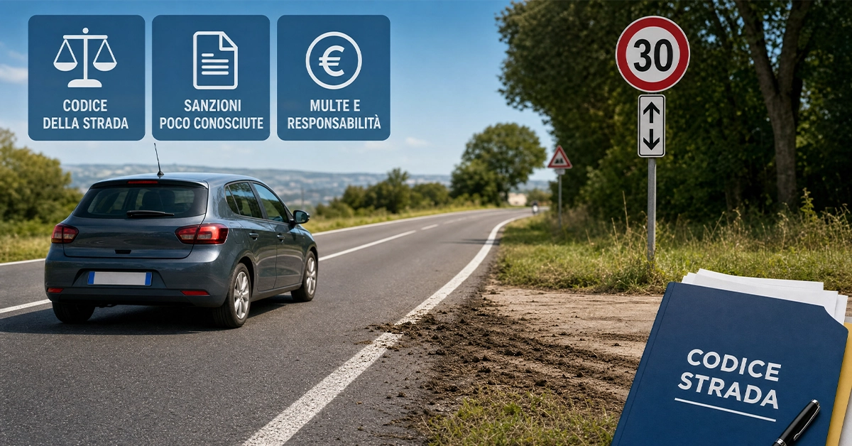 Auto su strada italiana con fango sulla carreggiata e richiamo alle multe del Codice della Strada