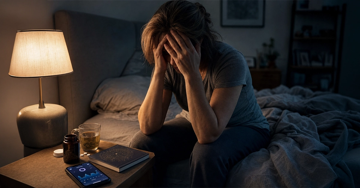 Persona frustrata seduta sul letto di notte con integratori e tisana sul comodino dopo aver provato tutto per dormire bene