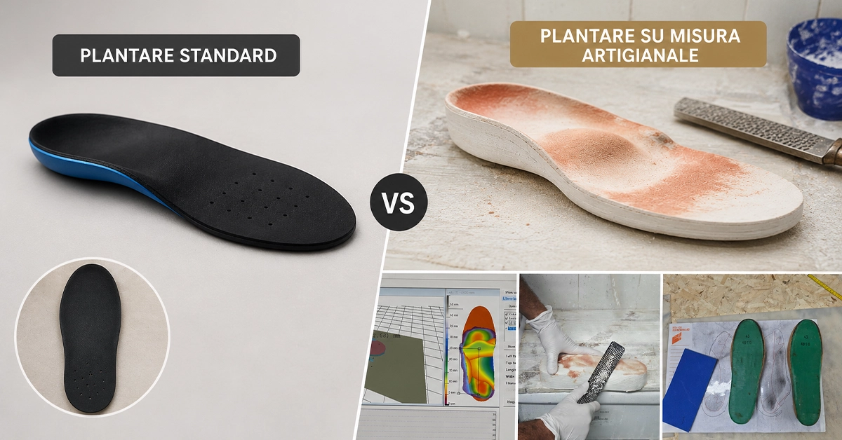 Confronto tra plantare standard industriale e plantare su misura artigianale realizzato dopo analisi del piede e lavorazione personalizzata
