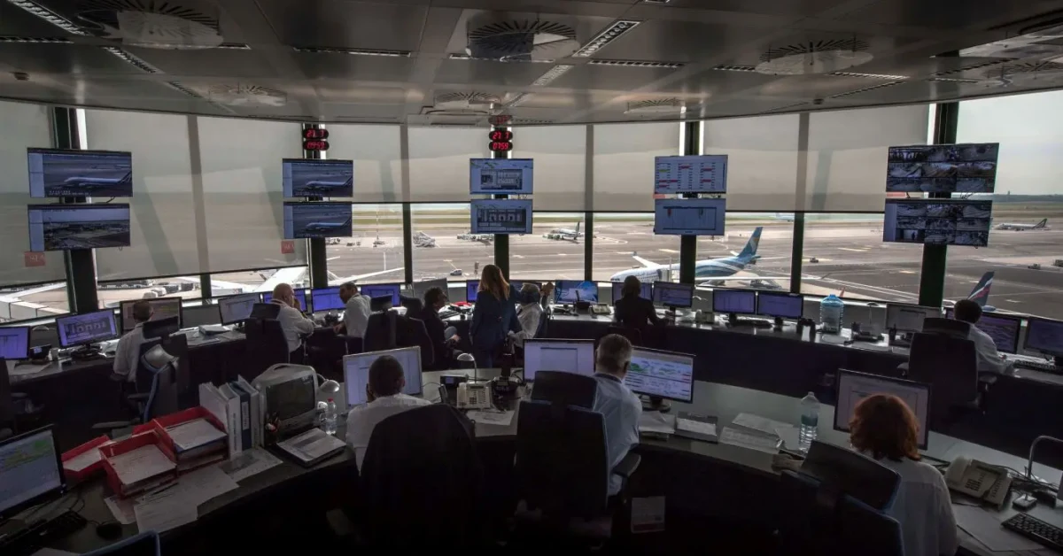 Torre di controllo del traffico aereo con schermi radar, simbolo delle anomalie alla rete dati Enav