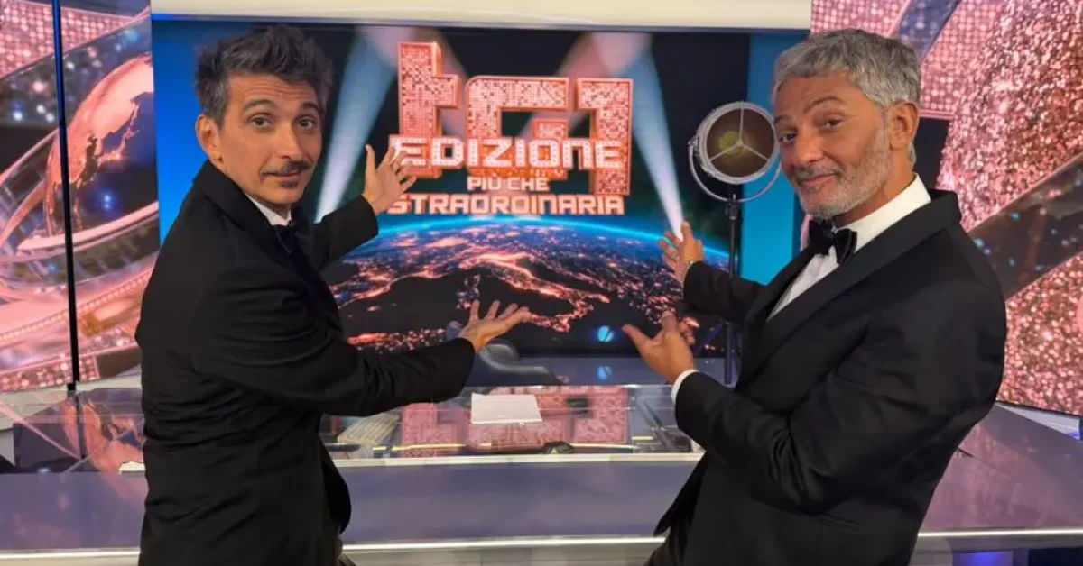 Fiorello in smoking nello studio del Tg1 su Rai1 con Annalisa e Gigi D'Alessio