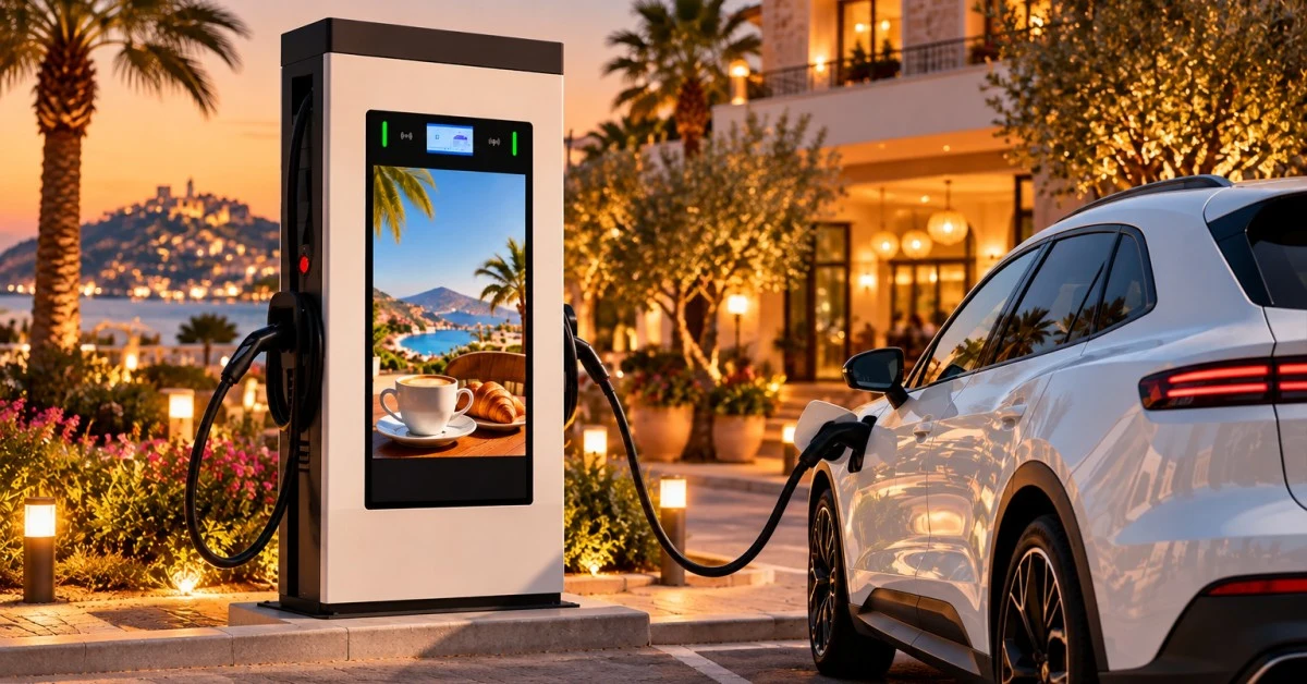 Colonnina di ricarica con display davanti all'ingresso di un albergo, con un'auto elettrica collegata