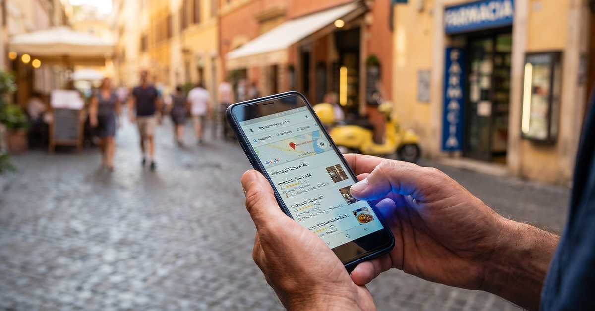 Persona che cerca attività locali su Google Maps dal proprio smartphone in una via italiana