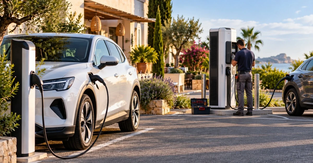 Colonnina di ricarica tradizionale con un'auto elettrica collegata e una stazione di ricarica veloce sullo sfondo, nel parcheggio di un'attività lungo una strada
