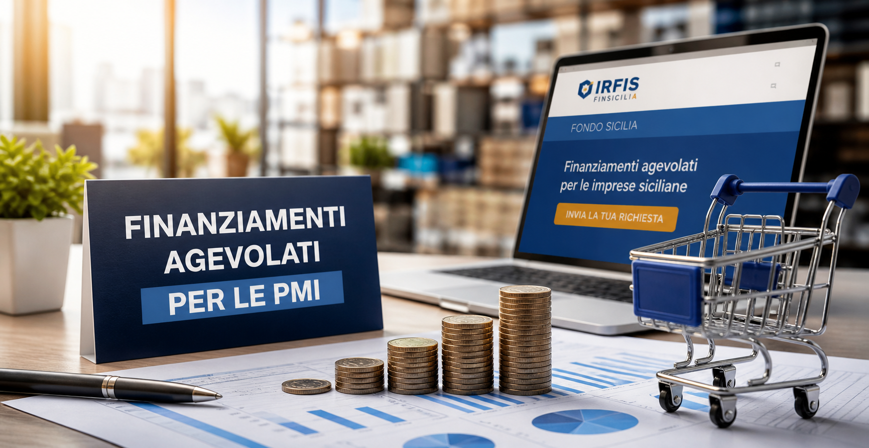 Scrivania con documenti finanziari, grafici e laptop con sito Irfis Fondo Sicilia sui finanziamenti agevolati per le PMI del commercio