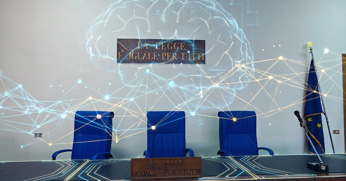 Aula del Tribunale di Sciacca con la targa La Legge è Uguale per Tutti, sovrapposta a elementi di Intelligenza Artificiale con rete neurale e circuiti digitali — Osservatorio Blue Owl sulla Visibilità Digitale in Sicilia 2026