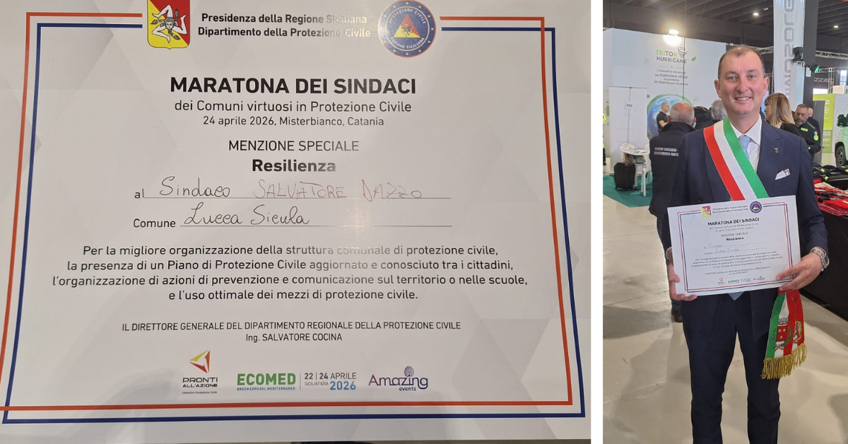 Sindaco Salvatore Dazzo premiato alla maratona dei sindaci a Catania con menzione resilienza per il Comune di Lucca Sicula
