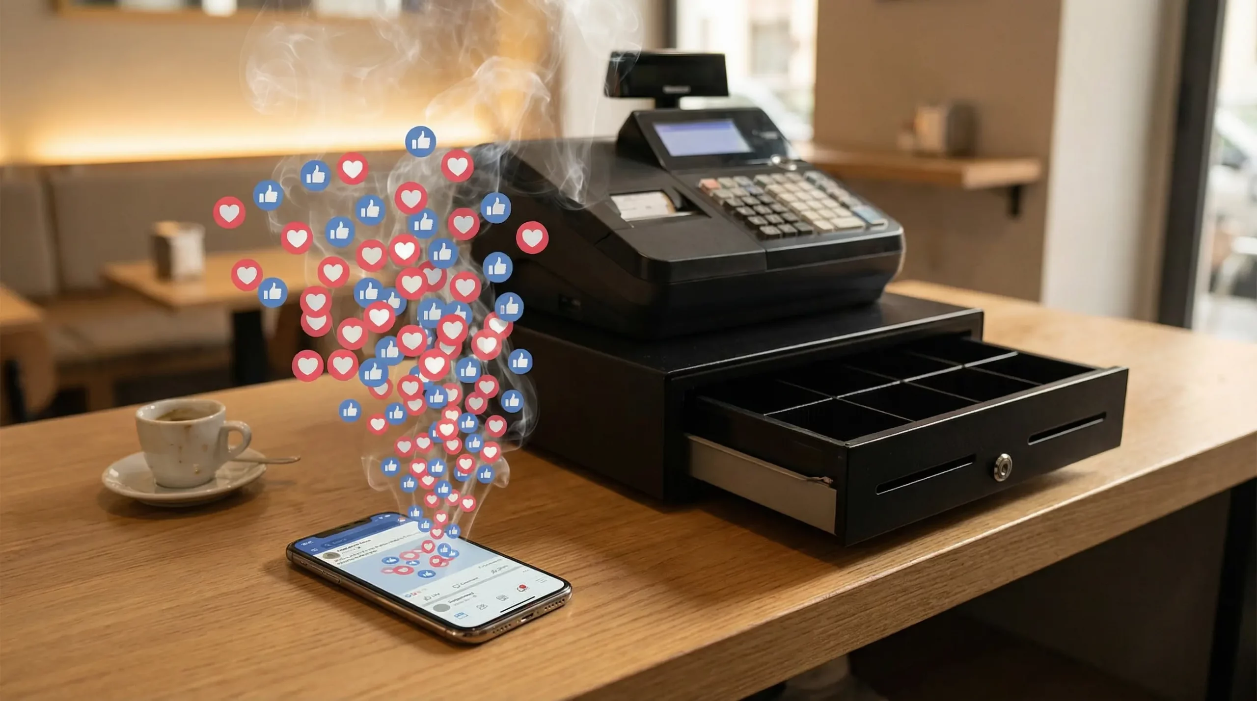 Registratore di cassa moderno con cassetto aperto e vuoto accanto a uno smartphone che mostra un feed social pieno di like e cuoricini che salgono come fumo, a simboleggiare come le vanity metrics sui social media non generano fatturato per le attività locali