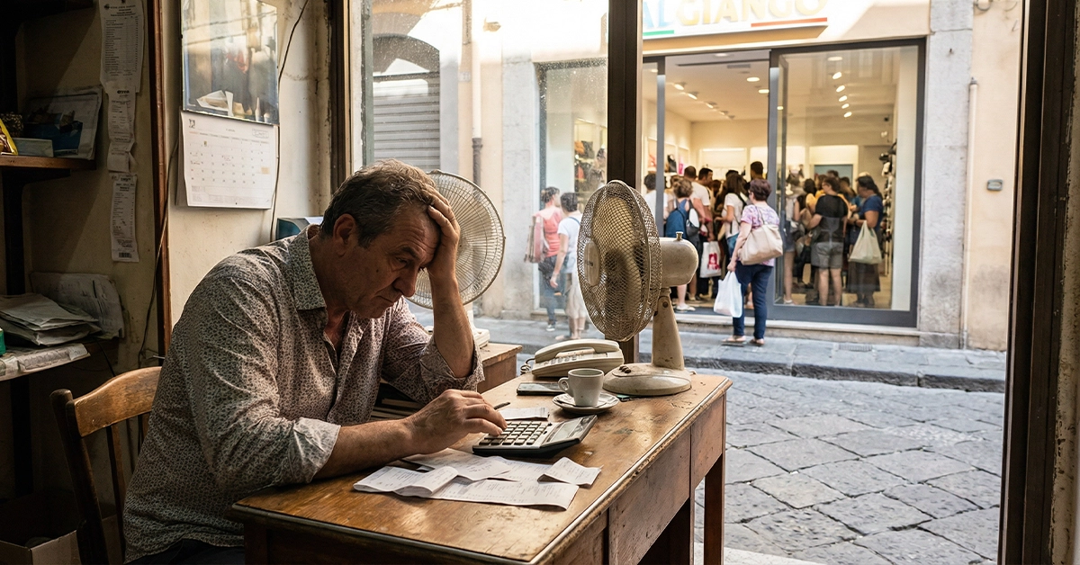 Imprenditore siciliano preoccupato alla scrivania con calcolatrice mentre dalla finestra il negozio del concorrente è pieno di clienti — il costo dell'invisibilità digitale
