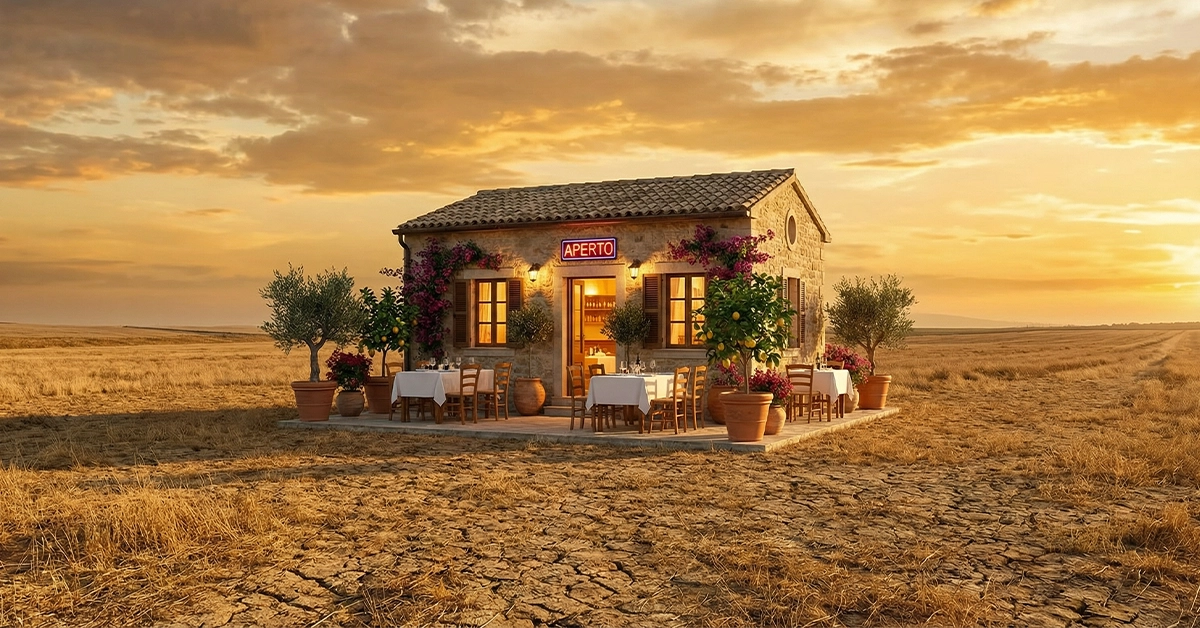 Ristorante siciliano elegante con insegna Aperto accesa e tavoli vuoti, isolato in un paesaggio arido senza strade — metafora visiva di un sito web bellissimo ma invisibile online