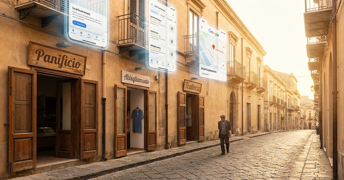 Via commerciale siciliana con negozi locali vuoti e schermate di ricerca Google fluttuanti sopra le vetrine, a simboleggiare come le attività locali in Sicilia siano invisibili online nonostante la loro presenza fisica