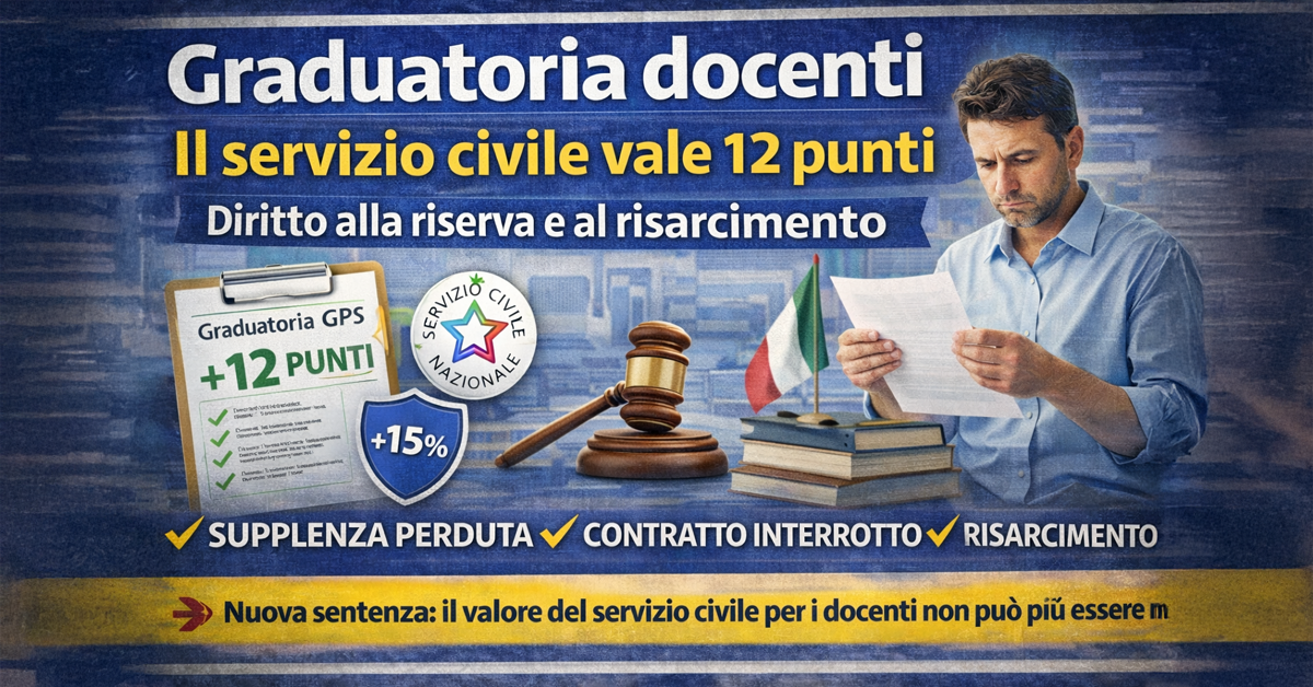 Graduatoria docenti: il servizio civile vale 12 punti e dà diritto al risarcimento. La nuova sentenza