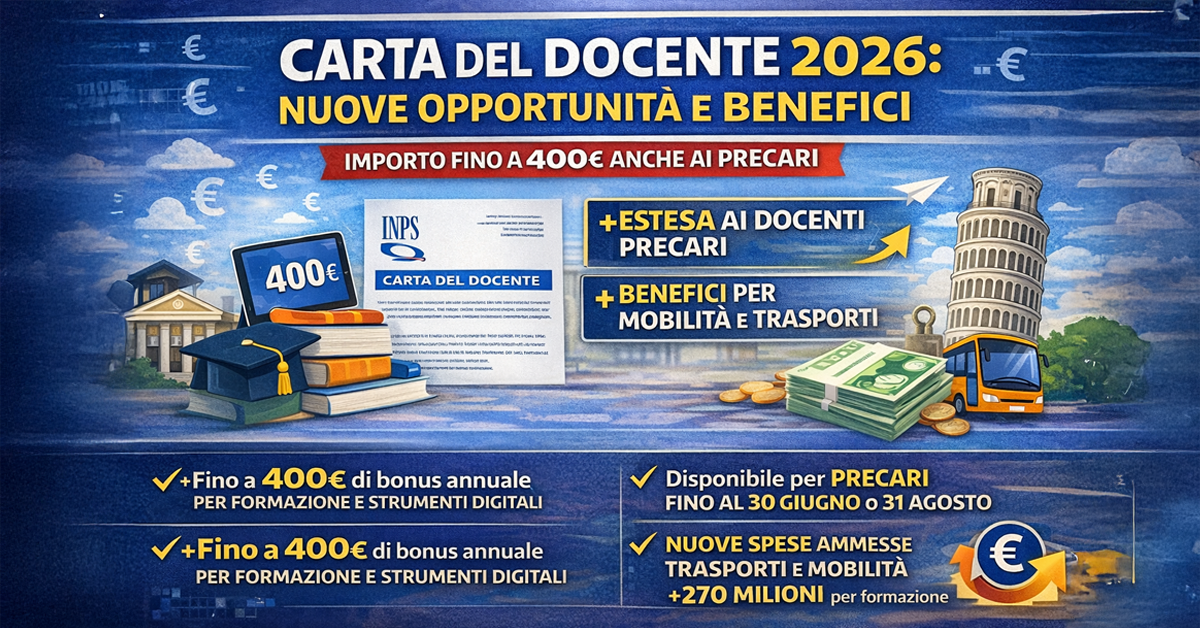 Carta del Docente 2026: fino a 400 euro anche ai precari, novità su acquisti e formazione