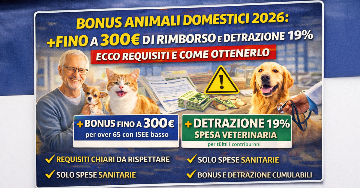 Bonus animali domestici 2026: fino a 300€ di rimborso e detrazione al 19%, requisiti e come ottenerlo