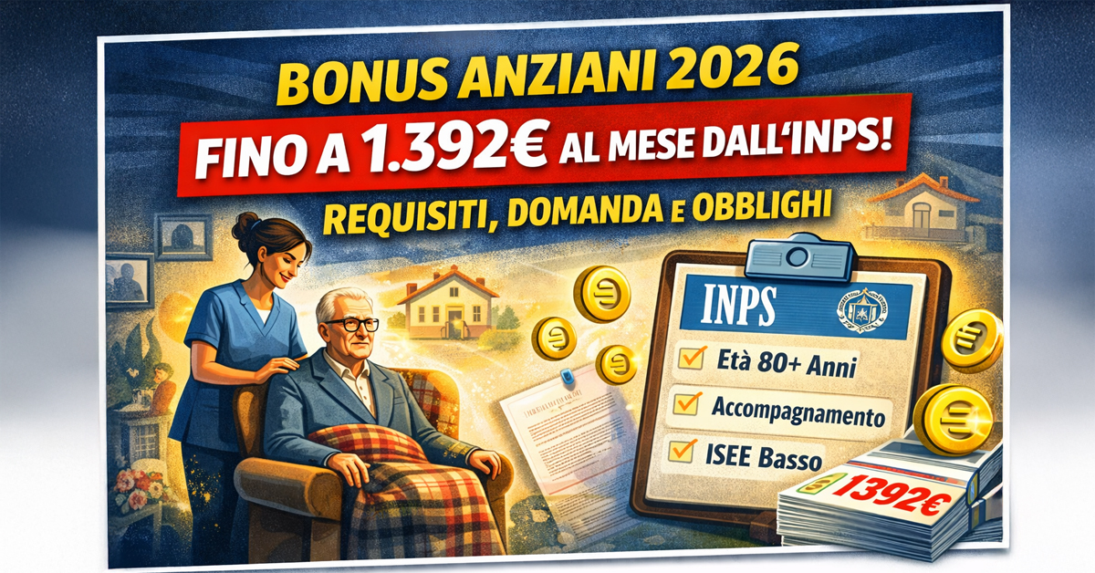 Bonus anziani 2026: fino a 1.392 euro al mese dall’INPS, requisiti, domanda e come non perderlo