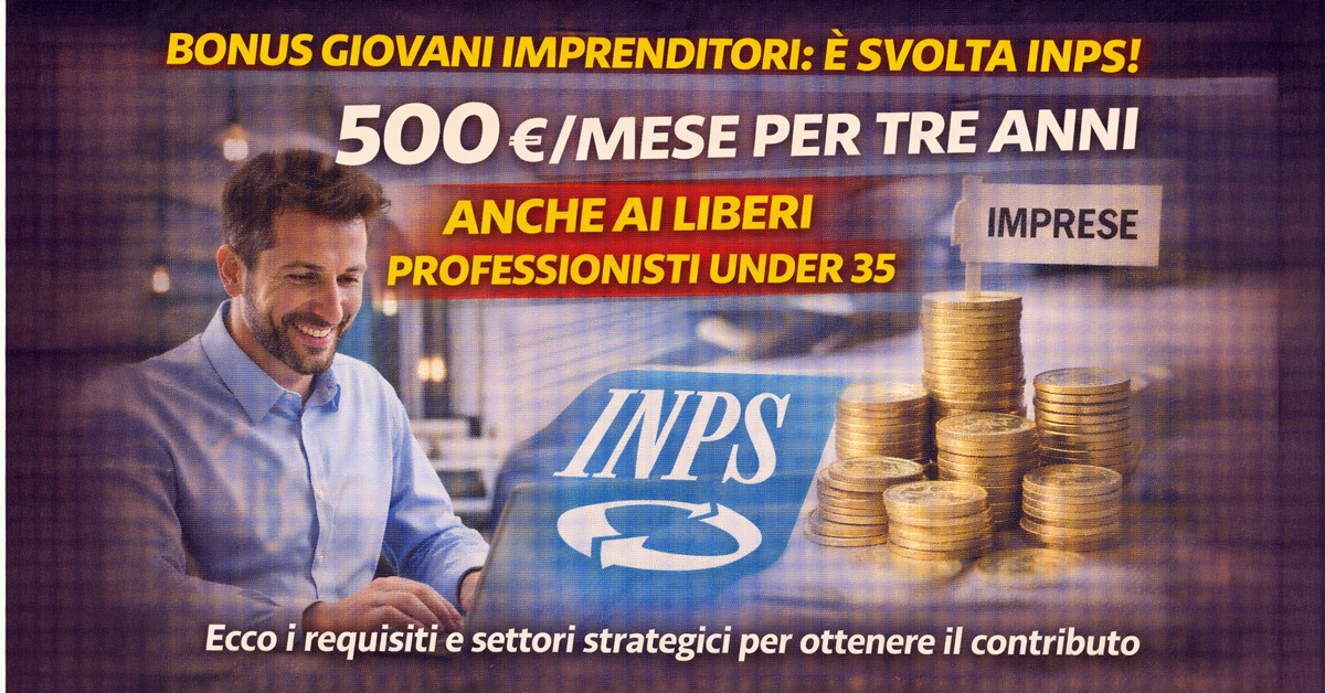 Bonus Giovani Imprenditori 2026: 500 euro al mese per tre anni anche ai liberi professionisti, novità INPS
