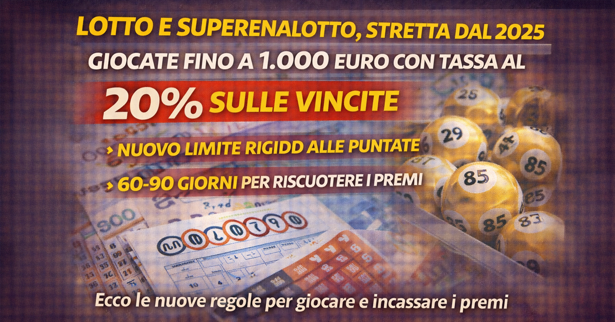 Lotto e Superenalotto, nuova stretta dal 2025: puntate fino a 1.000 euro e tassa al 20% sulle vincite