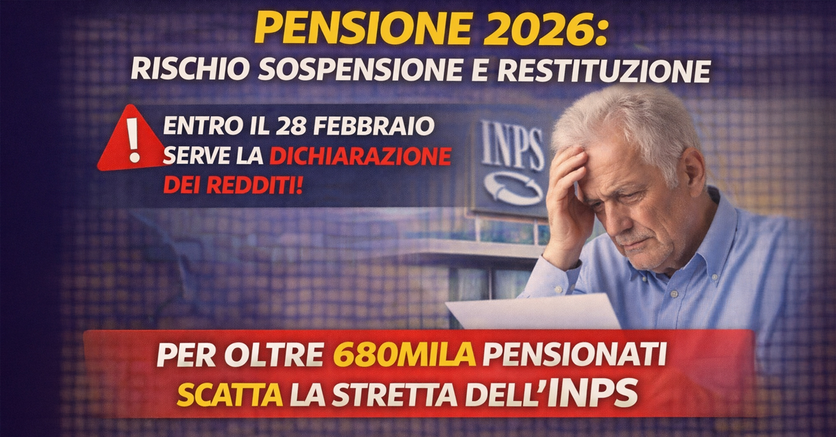 Pensione 2026, rischio sospensione e restituzione delle somme dal 28 febbraio se non invii la dichiarazione dei redditi