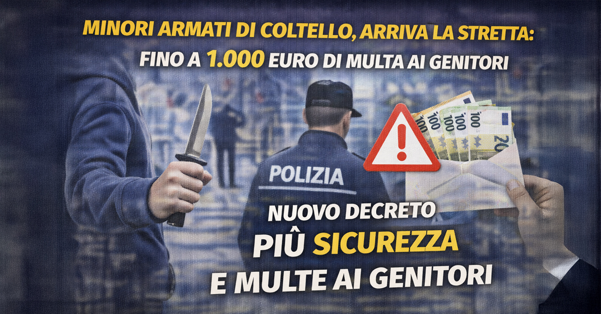 Minori armati di coltello, scatta la stretta: multe fino a 1.000 euro ai genitori se non vigilano