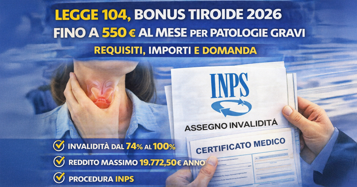 Legge 104, bonus tiroide 2026 fino a 550 euro al mese: requisiti, importi e come fare domanda