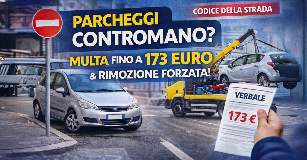 Parcheggi l’auto contromano? Multa fino a 173 euro e rimozione forzata: cosa dice il Codice della Strada
