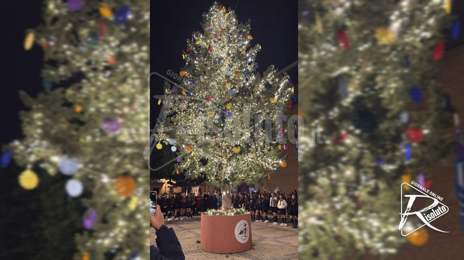Menfi accende l’Albero di Natale 2025, in piazza Vittorio Emanuele brillano i colori della pace