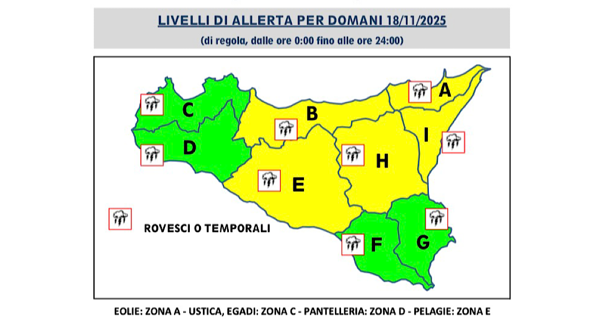 Meteo Sicilia, martedì con allerta gialla in cinque aree dell’isola