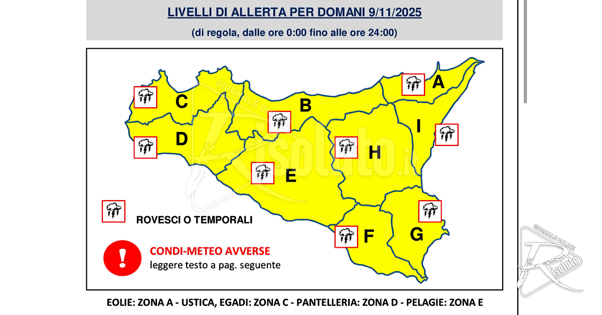 Domenica di pioggia e vento su tutta la Sicilia, scatta l’allerta gialla